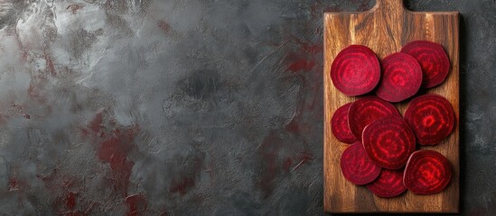 Aufkleber - Sliced red beets arranged on a wooden cutting board with a textured dark background and copy space for text
