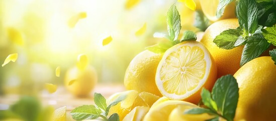 Poster - Fresh lemons with mint leaves on a wooden surface with natural sunlight and Copy Space for text placement