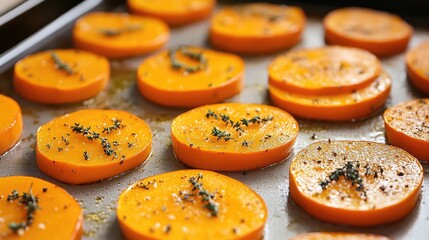 Aufkleber - Sliced roasted butternut squash seasoned with herbs on a baking sheet with Copy Space for text.