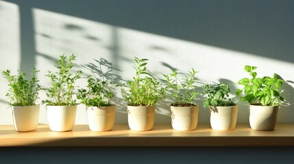 Poster - Fresh herb plants in white pots on a wooden shelf with natural sunlight casting shadows and copy space for text