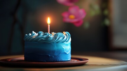 Aufkleber - Blue frosted birthday cake with a lit candle on a plate surrounded by blurred floral decorations and soft lighting Copy Space