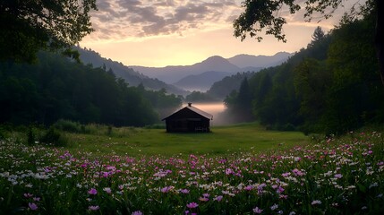 Wall Mural - Serene countryside landscape at dawn with a rustic cabin surrounded by vibrant wildflowers