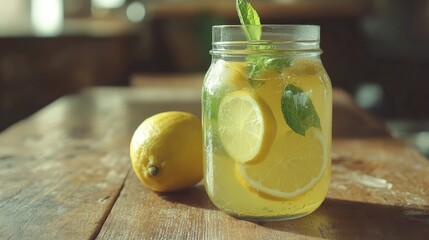 Aufkleber - Fresh lemonade beverage in a glass jar with lemon slices and mint leaves on wooden table Copy Space