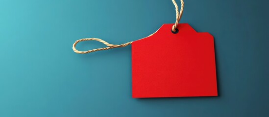 Leinwandbilder - Red blank price tag with string on a blue background featuring copy space for text or pricing information.