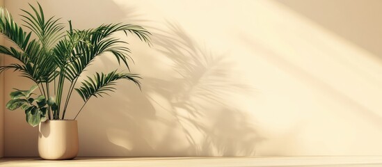 Aufkleber - Indoor potted plant with soft sunlight casting shadows on a beige wall and wooden tabletop with ample Copy Space