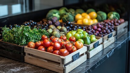 Poster - Fresh assorted fruits and vegetables in wooden crates on a table with copy space for text