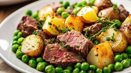 Aufkleber - Plate of roasted beef with potatoes and green peas garnished with thyme on a white dish with Copy Space for text