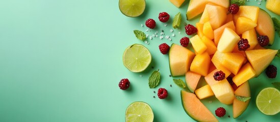 Aufkleber - Colorful arrangement of fresh fruits including cantaloupe, lime, and raspberries on green background with copy space