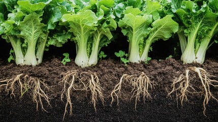 Poster - Lettuce plants growing in rich soil showing roots and leafy greens Copy Space