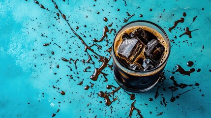 Aufkleber - Cold coffee drink with ice cubes on a textured turquoise background with coffee splashes and copy space for text.
