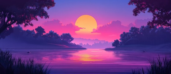 Leinwandbilder - Colorful sunset reflection over calm river with silhouette trees and lush grass in tranquil landscape Copy Space