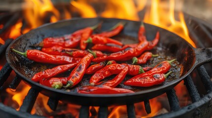 Poster - Grilled red chili peppers in a skillet over an open flame with vibrant flames and smoke Copy Space