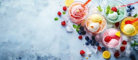 Aufkleber - Colorful assorted ice cream scoops in glass bowls with fresh berries and mint on a light blue background Copy Space