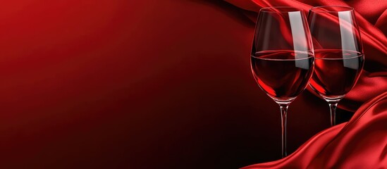 Poster - Red silk fabric background with two wine glasses filled with red wine, elegant composition and ample copy space available