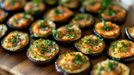 Poster - Baked stuffed eggplant slices with tomato, herbs, and breadcrumbs arranged on a wooden board with copy space