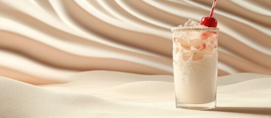 Aufkleber - Milkshake in a tall glass with cherry on top set against a textured beige background with Copy Space for text