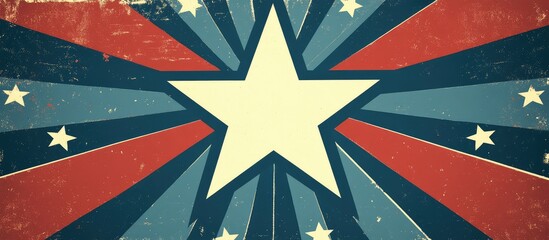 Poster - Vintage star emblem with radial rays in red and blue tones, textured background, Copy Space for text placement.