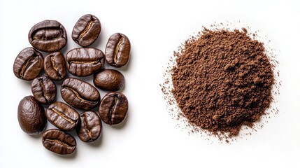Poster - Coffee beans and ground coffee on white background with copy space for text
