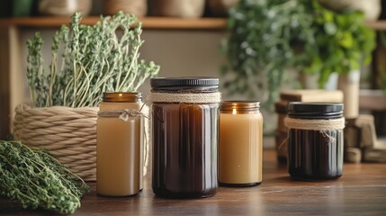 Aufkleber - Candle jars on wooden table with greenery in background showcasing organic lifestyle and natural decor Copy Space