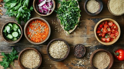 Poster - Healthy ingredients in wooden bowls arranged on a rustic wooden table featuring vegetables grains and herbs with Copy Space for text