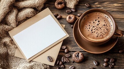 Aufkleber - Coffee cup with saucer and blank card on wooden table with coffee beans and burlap fabric, Copy Space