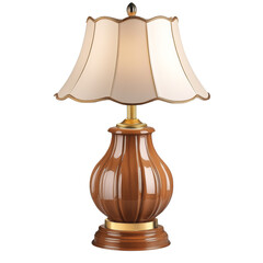 Poster - A stylish table lamp features a brown wooden base and a cream-colored pleated shade, adding elegance to any room.
