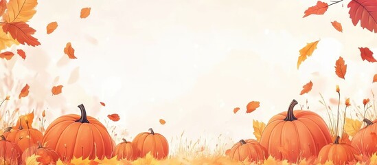 Fototapete - Autumn landscape featuring pumpkins and falling leaves with Copy Space for text placement