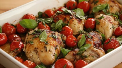 Poster - Roasted chicken thighs with cherry tomatoes and fresh basil in a baking dish on a wooden surface with Copy Space