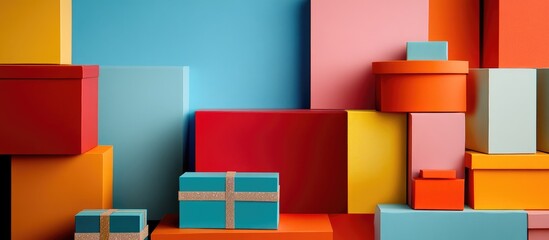 Aufkleber - Colorful stacked gift boxes in various sizes against a vibrant geometric background with copy space for text or designs