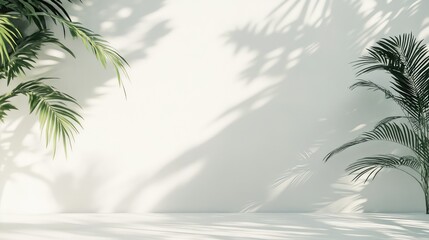 Aufkleber - Interior scene with palm leaves casting shadows on a white wall and floor with Copy Space for text placement