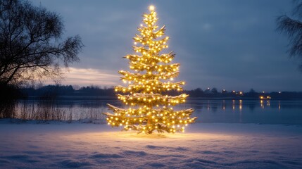 Poster - Illuminated Christmas tree with glowing lights in a snowy landscape at dusk near a reflecting lake Copy Space