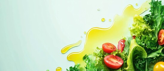 Aufkleber - Fresh vegetables and salad with olive oil splash on light background Copy Space