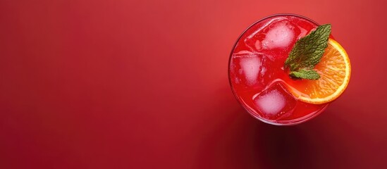 Aufkleber - Refreshing red cocktail with ice cubes and orange slice garnished with mint on a red background with Copy Space