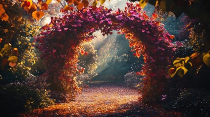 Poster - Colorful floral archway in a sunlit forest path with autumn foliage and soft rays of light Copy Space