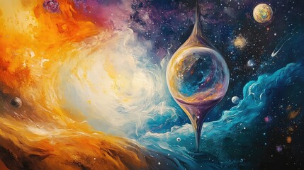 Aufkleber - Colorful abstract cosmic art depicting a surreal universe with planets, nebulae, and swirling clouds with copy space for text.