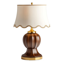 Poster - A stylish table lamp features a dark wood base and a cream-colored, scalloped lampshade with gold accents.