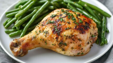 Aufkleber - Grilled chicken leg quarter on plate with green beans on a gray background Copy Space