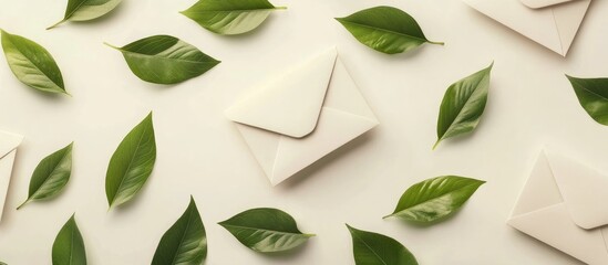 Aufkleber - Green leaves and white envelopes on a light background with Copy Space for text placement