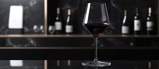 Poster - Red wine glass on a reflective surface with blurred wine bottles in the background and Copy Space for text.