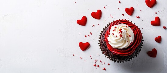 Poster - Red velvet cupcake with cream cheese frosting topped with red sugar hearts on a white background with copy space.