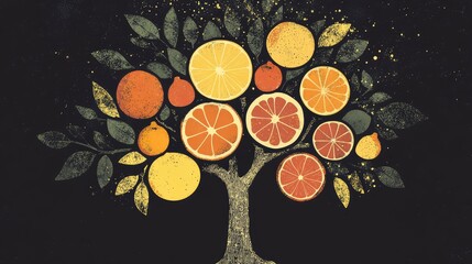 Aufkleber - Fruit tree illustration with various citrus fruits on dark background featuring vibrant colors and textured leaves Copy Space