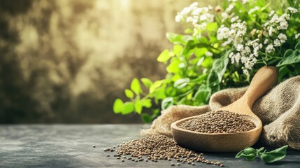 Poster - Wooden spoon filled with seeds on gray stone surface with scattered seeds and fresh green herbs in the background Copy Space