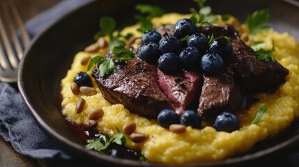 Poster - Steak with blueberries on a bed of creamy polenta garnished with herbs and pine nuts on a dark plate with copy space
