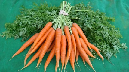 Poster - Bunch of fresh organic carrots with green tops on a green background ideal for food photography with copy space