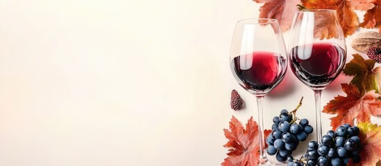 Poster - Red wine glasses with purple grapes and autumn leaves on neutral background with Copy Space for text