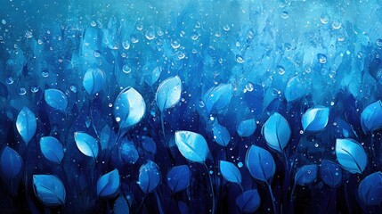 Leinwandbilder - Blue Leaf Abstract Background with Water Droplets and Gradual Color Transition Copy Space