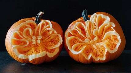Aufkleber - Pumpkins carved with intricate flower designs on black background with copy space for text