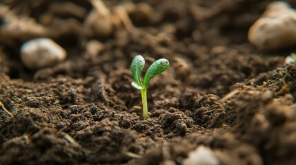 Poster - Green seedling sprouting from rich dark soil with moisture droplets Copy Space