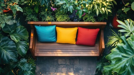 Aufkleber - Wooden bench with brightly colored cushions surrounded by lush green plants and foliage, overhead view, Copy Space
