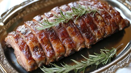 Poster - Garnished roasted meat dish on ornate serving platter with fresh rosemary sprigs Copy Space